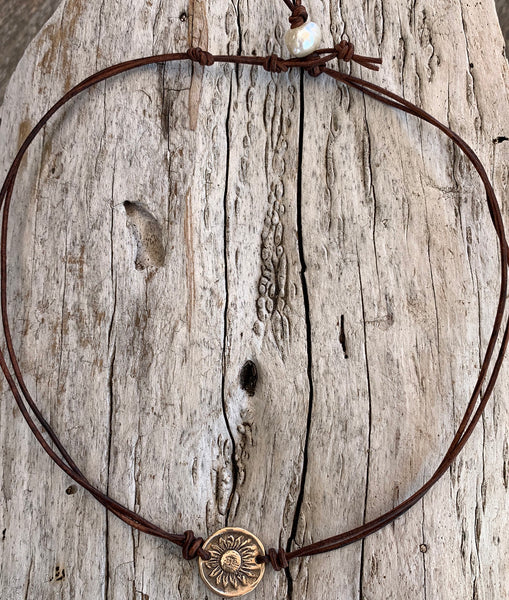 Handmade Organic Bronze Sunflower Leather Choker Necklace