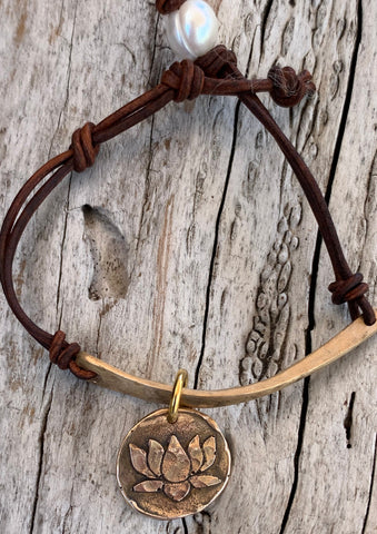 Hand Made Cast and Hammered Bronze Organic Bar and Lotus Charm Leather Bracelet with Adjustable Silver Pearl Closure