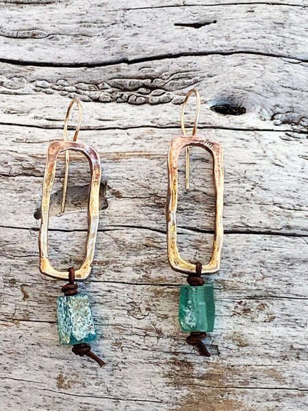 Handmade Bronze Organic Rectangle Earrings with Roman Glass Drop