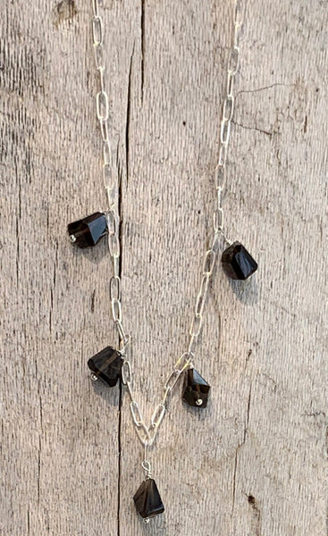 Handmade Variegated Five Bead Smokey Quartz Necklace on 14K GF Paper Clip Chain