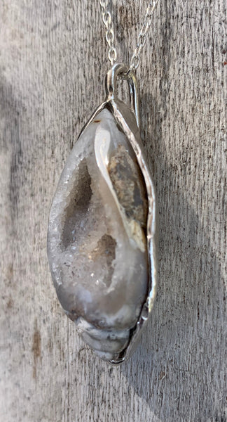 Sterling Silver Fossilized Shell Pendant Long Layering Necklace with Four Herkimer Diamonds