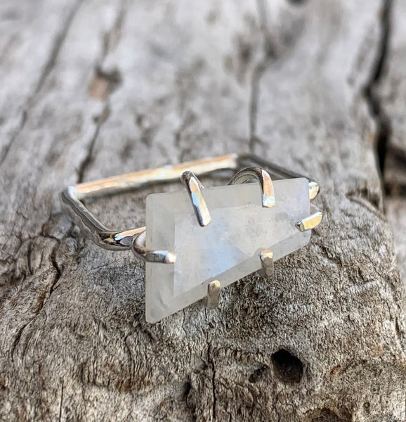 Handmade Sterling Silver Square Ring with a Step Cut Prong Set Moonstone