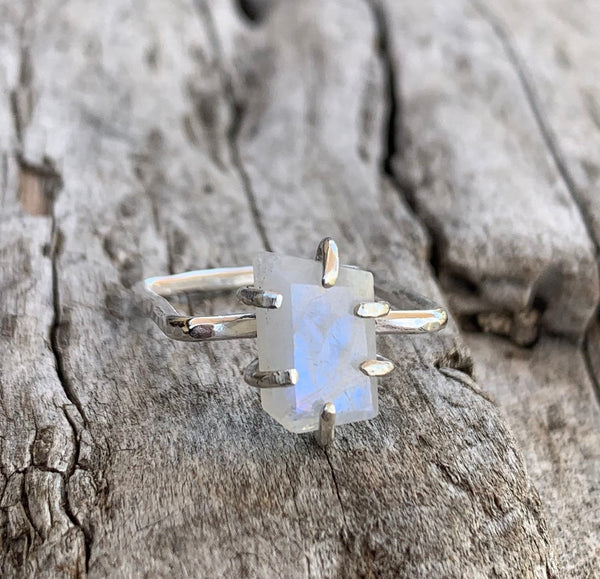 Handmade Sterling Silver Square Ring with a Step Cut Prong Set Moonstone