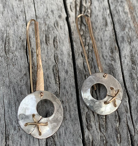 Handmade Hammered Silver Round Drop Earrings with 14K GF Stitching
