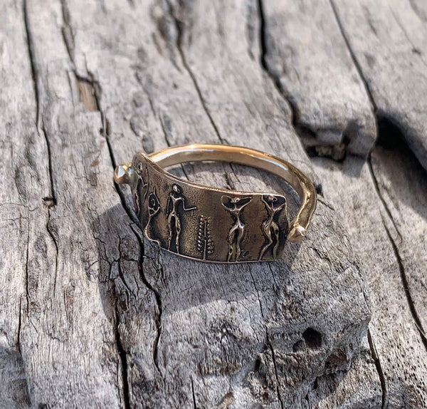 Bronze Mens Cave Art Ring with 14K Gold Fill Band