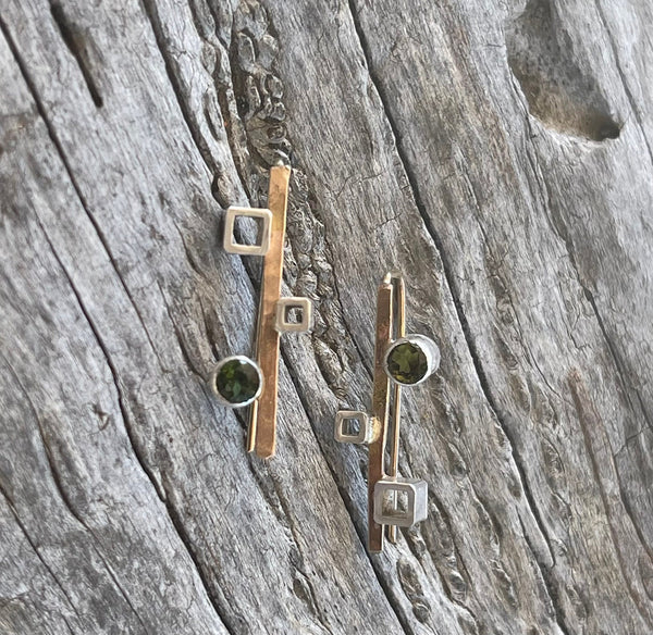 14K Gold Fill Earrings with Silver Tube Set Green Tourmaline and Silver Squares