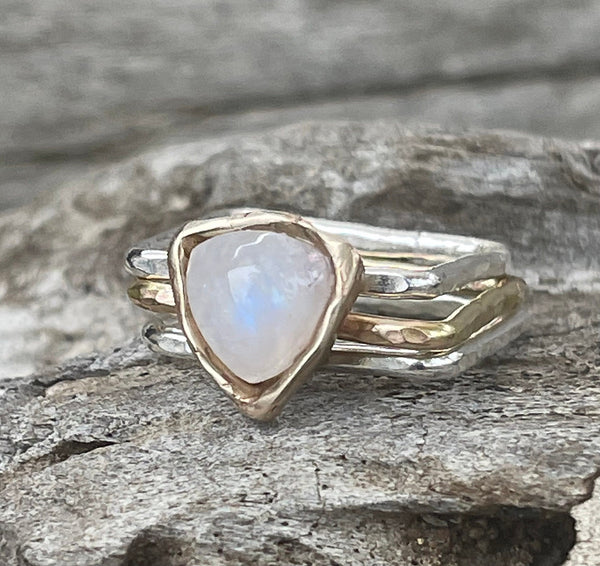 Handmade Mixed Metal Square Stacking Ring with Triangular Bezel Set Moonstone