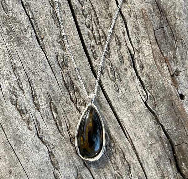 Sterling Silver Organic Pietersite Tear Drop Necklace on Sterling Silver Satellite Chain
