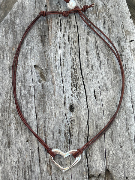 Handmade Sterling Heart Necklace on 1.5 MM Antique Brown Leather Cord with Loop and Pearl Closure