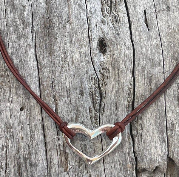 Handmade Sterling Heart Necklace on 1.5 MM Antique Brown Leather Cord with Loop and Pearl Closure