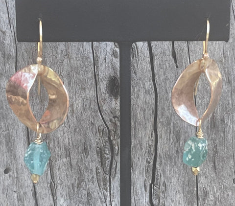 14K GF Hammered and Split Circle Earrings with Roman Glass Drop