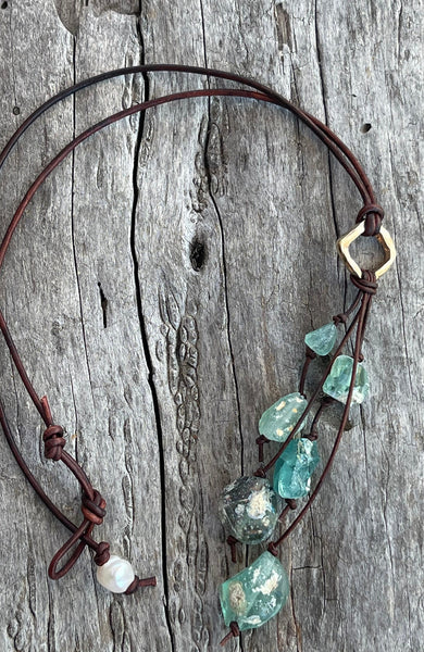Handmade Organic Sterling Silver Diamond Leather Adjustable Lariat Necklace with Variegated Roman Glass