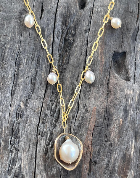Bronze Pearl in a Pod on 14K Gold Fill Paper Clip Chain with Baroque Pearls