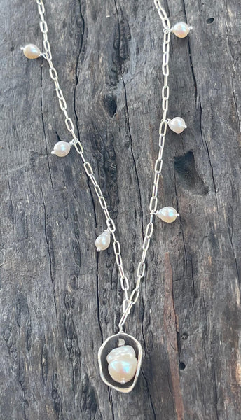 Bronze Pearl in a Pod on 14K Gold Fill Paper Clip Chain with Baroque Pearls