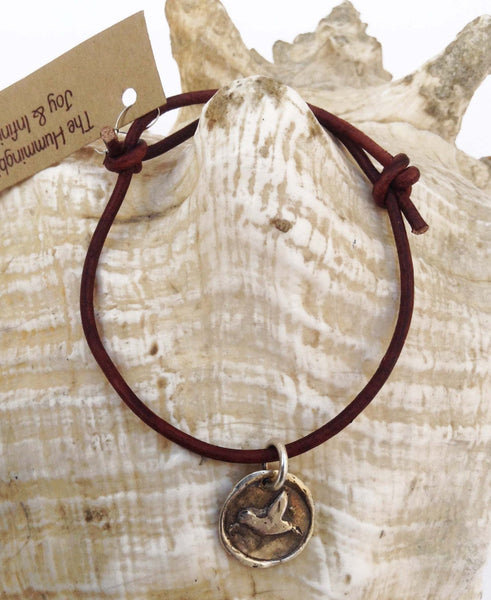 Handmade Sterling Silver Hummingbird Charm Adjustable Leather Bracelet