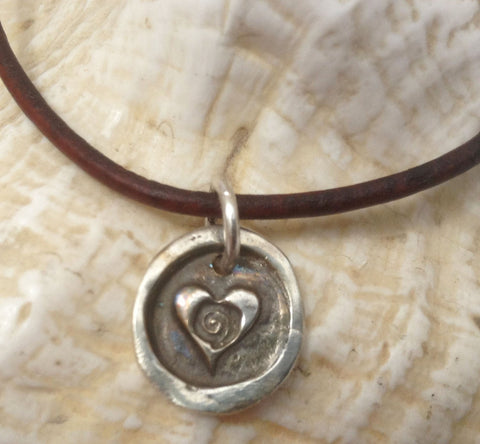 Handmade Sterling Silver Heart Spiral Charm Adjustable Leather Bracelet