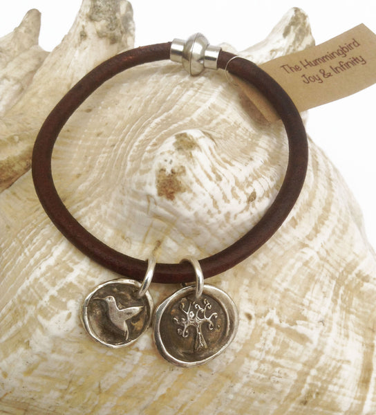 Handmade Sterling Tree of Life & Hummingbird Charms 4MM Leather Bracelet with Magnetic Closure