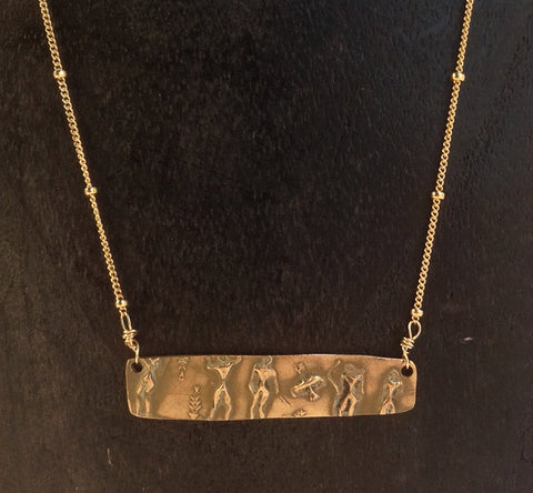 Handmade Bronze Ancient People Bar Necklace on Gold Fill Saturn Chain