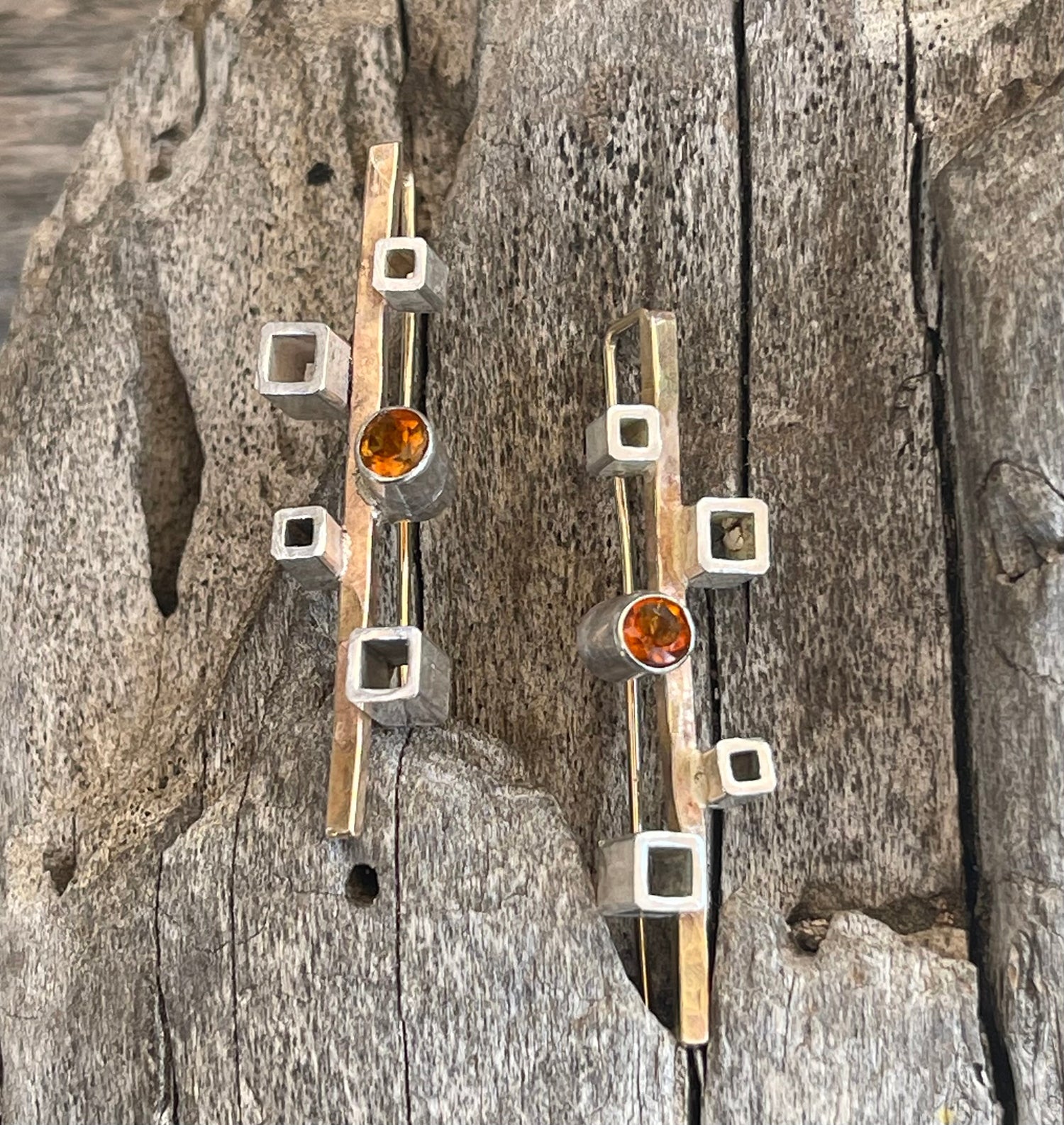 14K Gold Fill Earrings with Silver Tube Set Citrine and Silver Squares