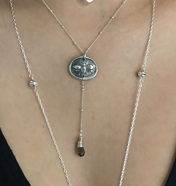 Handmade Sterling Silver Bee Charm Lariat Delicate Necklace with Smokey Quartz