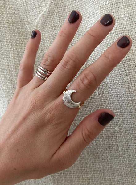 Silver Hammered Large Moon Ring with 14K Gold Fill Band