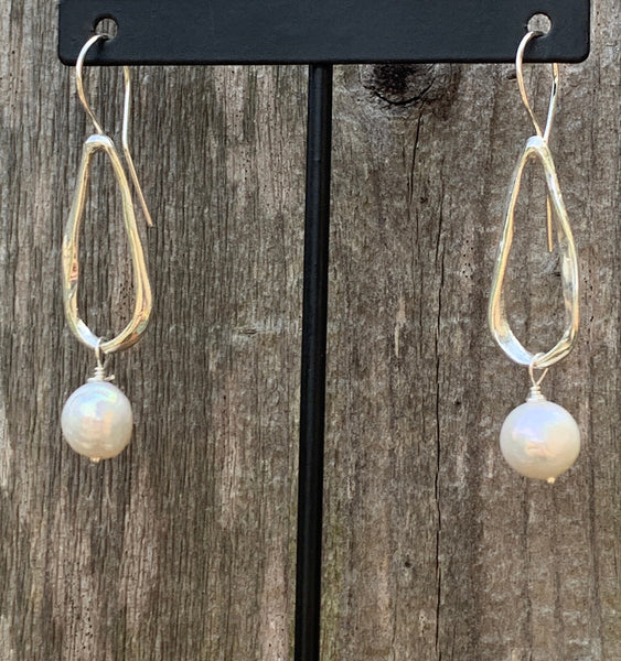 Handmade Sterling Silver Organic Tear Drop Earrings with Pearl Drop