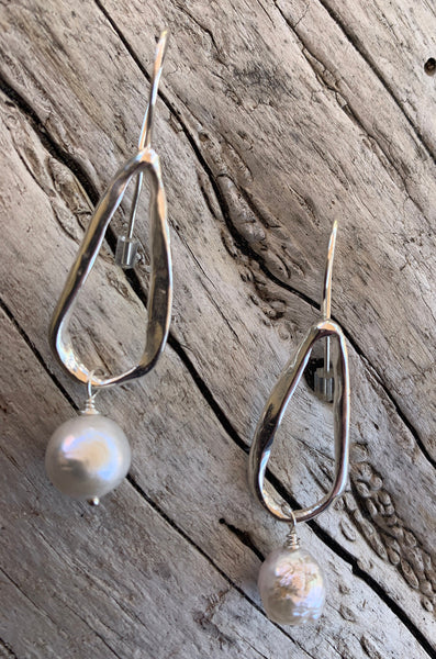 Handmade Sterling Silver Organic Tear Drop Earrings with Pearl Drop