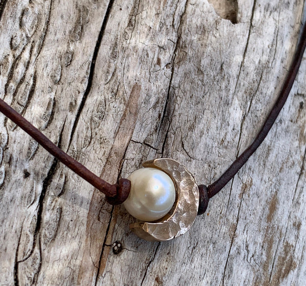 Handmade Hammered Bronze Crescent Moon Choker and Pearl on Antique Brown Leather Cord with Pearl Closure