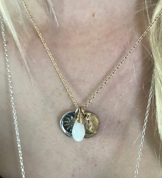 Handmade 14K Gold Fill Necklace with Sterling Silver Sun & Bronze Moon Charms with Moon Stone Drop