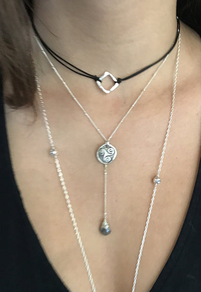 Handmade Sterling Silver Triple Spiral Charm Lariat Delicate Necklace with Labradorite Drop