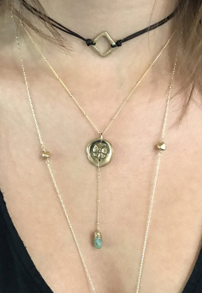 Handmade Gold Fill Butterfly Charm Lariat Delicate Necklace with Aquamarine Drop