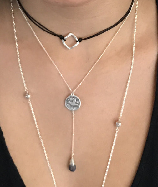 Handmade 14K Gold Fill Hummingbird Charm Lariat Delicate Necklace with Opal Drop