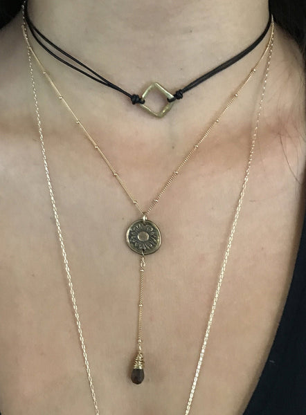 Handmade Gold Fill Sunflower Charm Lariat Delicate Necklace with Aquamarine Drop
