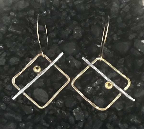 Mixed Metal Square Aquamarine Tube Set Earrings