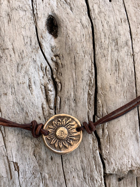 Handmade Organic Bronze Sunflower Leather Choker Necklace