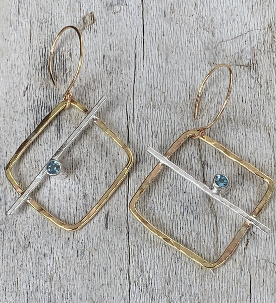 Mixed Metal Square Aquamarine Tube Set Earrings