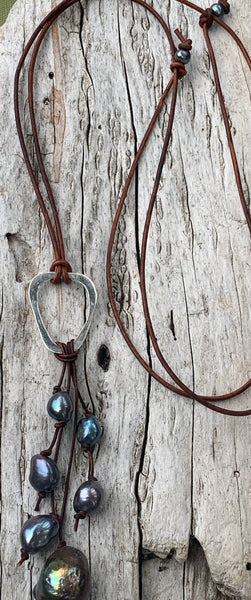 Handmade Sterling Silver Organic Triangle Leather Adjustable Long Lariat Necklace with Freshwater Black Pearl Cluster