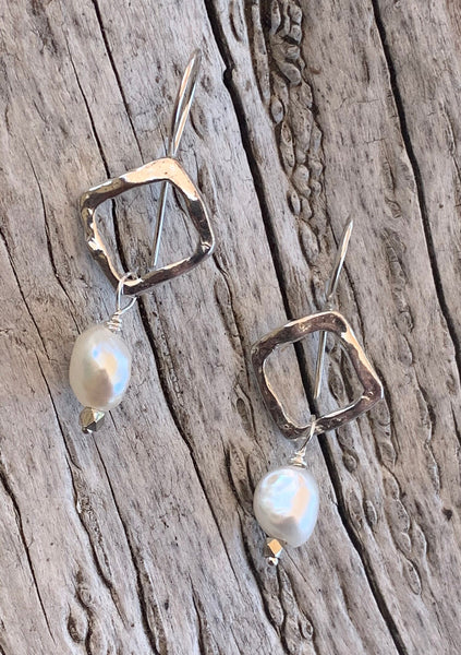 Handmade Yellow Bronze Organic Square Earrings with Baroque Pearl Drop