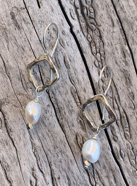 Handmade Yellow Bronze Organic Square Earrings with Baroque Pearl Drop