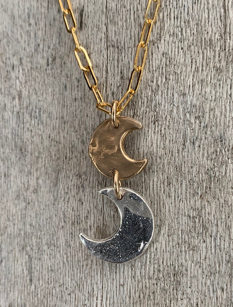Handmade Sterling Silver and Bronze Two Moon Necklace on 14K GF Paper Clip Chain