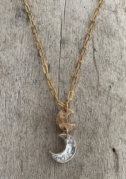 Handmade Sterling Silver and Bronze Two Moon Necklace on 14K GF Paper Clip Chain