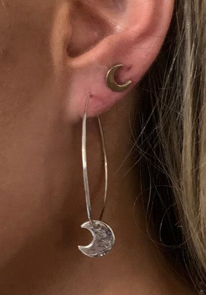 Handmade Sterling Silver Hoop Earrings with Silver Crescent Moons