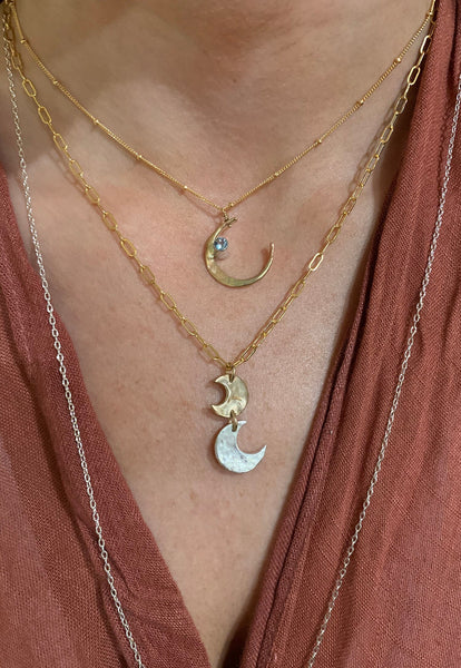 Handmade Sterling Silver and Bronze Two Moon Necklace on 14K GF Paper Clip Chain