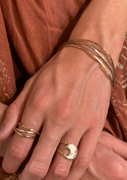 Mixed Metal Hammered and Connected Three Bangle Set