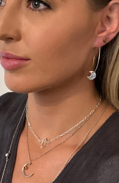 Handmade Sterling Silver Hoop Earrings with Silver Crescent Moons