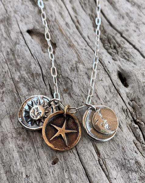Sterling Silver Paper Clip Chain Necklace with Sterling Silver Sun and Moon Charms with a Bronze Star Charm