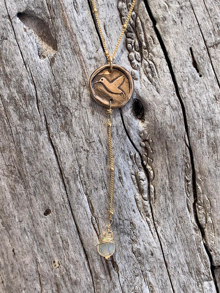 Handmade 14K Gold Fill Hummingbird Charm Lariat Delicate Necklace with Opal Drop
