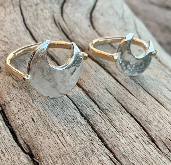 Silver Hammered Large Moon Ring with 14K Gold Fill Band