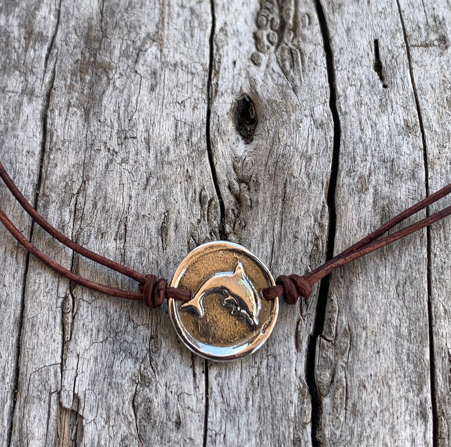Handmade Bronze Dolphin Charm Adjustable Leather Choker