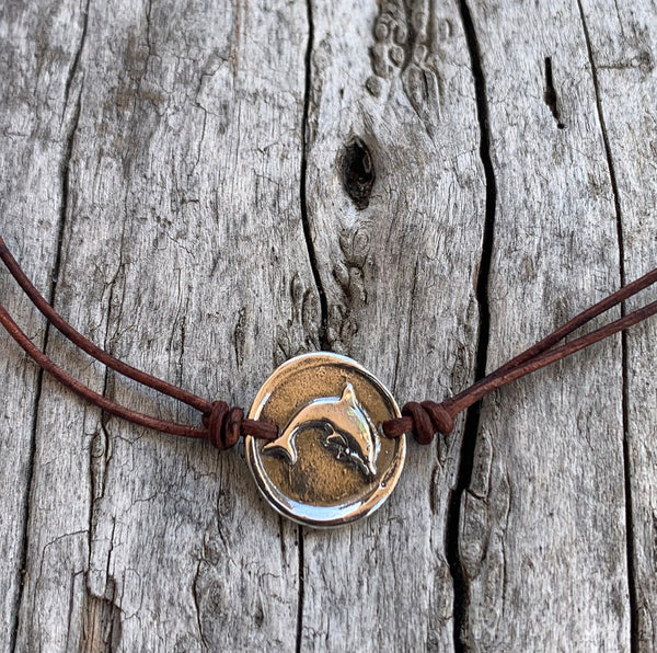 Handmade Bronze Dolphin Charm Adjustable Leather Choker